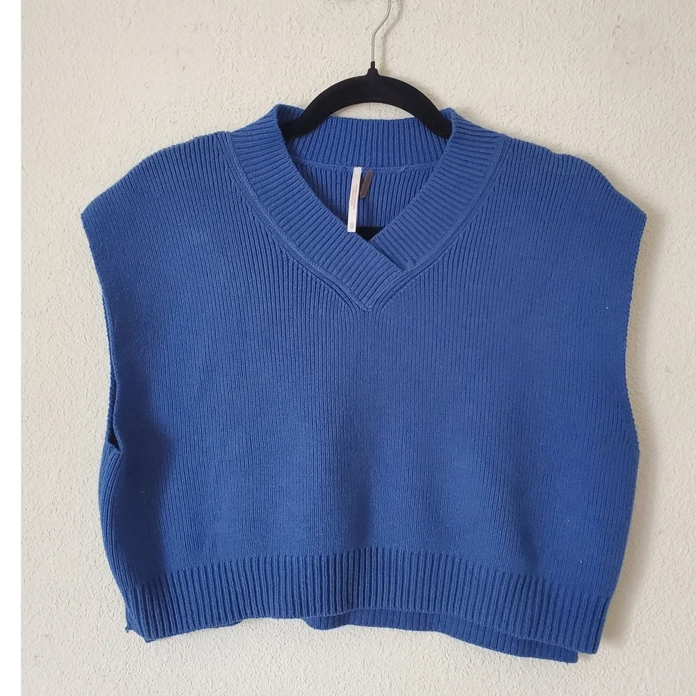 Free People Easy Street Sweater Vest Cobalt Blue Ribbed V-Neck XS OB1751760 - Picture 10 of 11